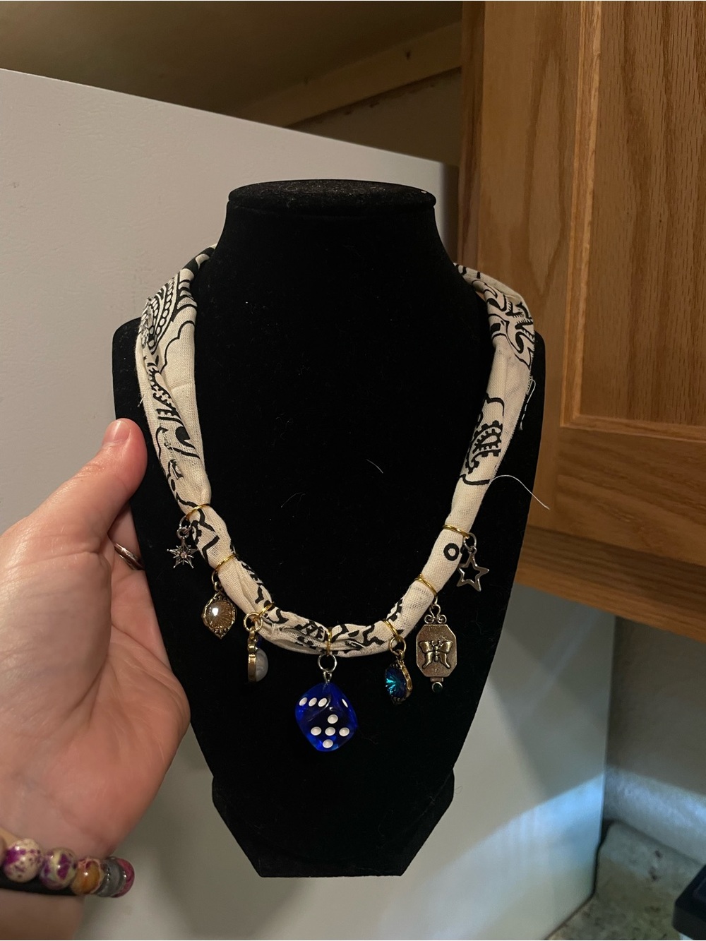 Handmade Cream Bandana Charm Necklace with Blue Glass Dice
